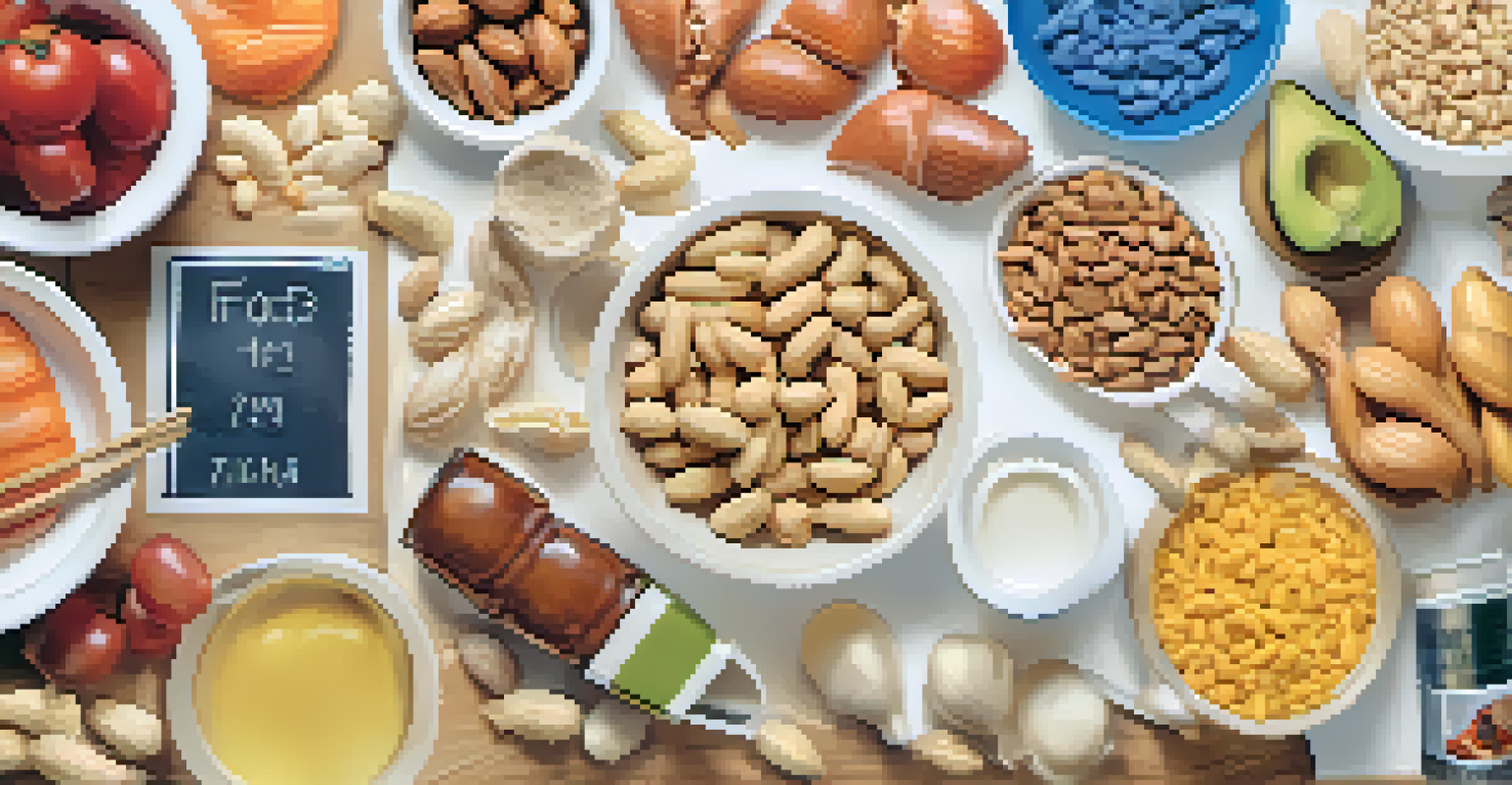 An educational poster showing various food items with clear allergen labels and a color-coded system for allergen severity.