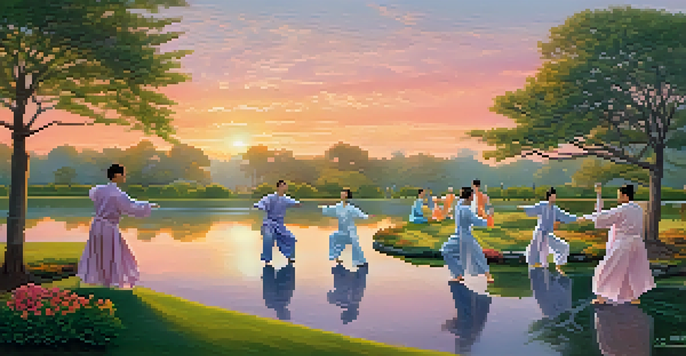 A diverse group of people practicing Tai Chi in a park at sunrise, surrounded by greenery and a pond.