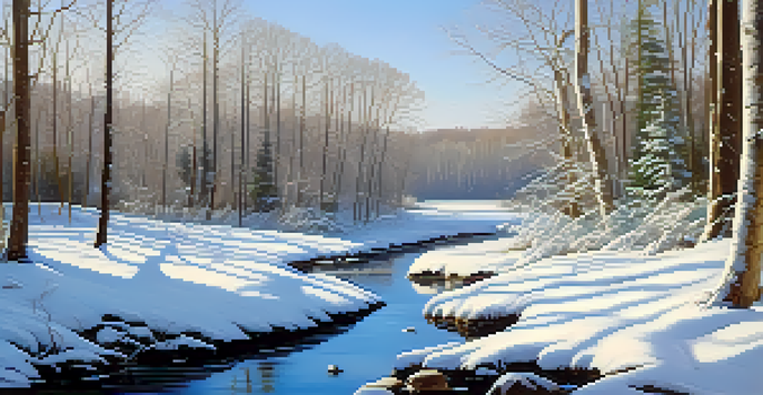 A peaceful winter forest with snow-covered trees and a gently flowing stream.