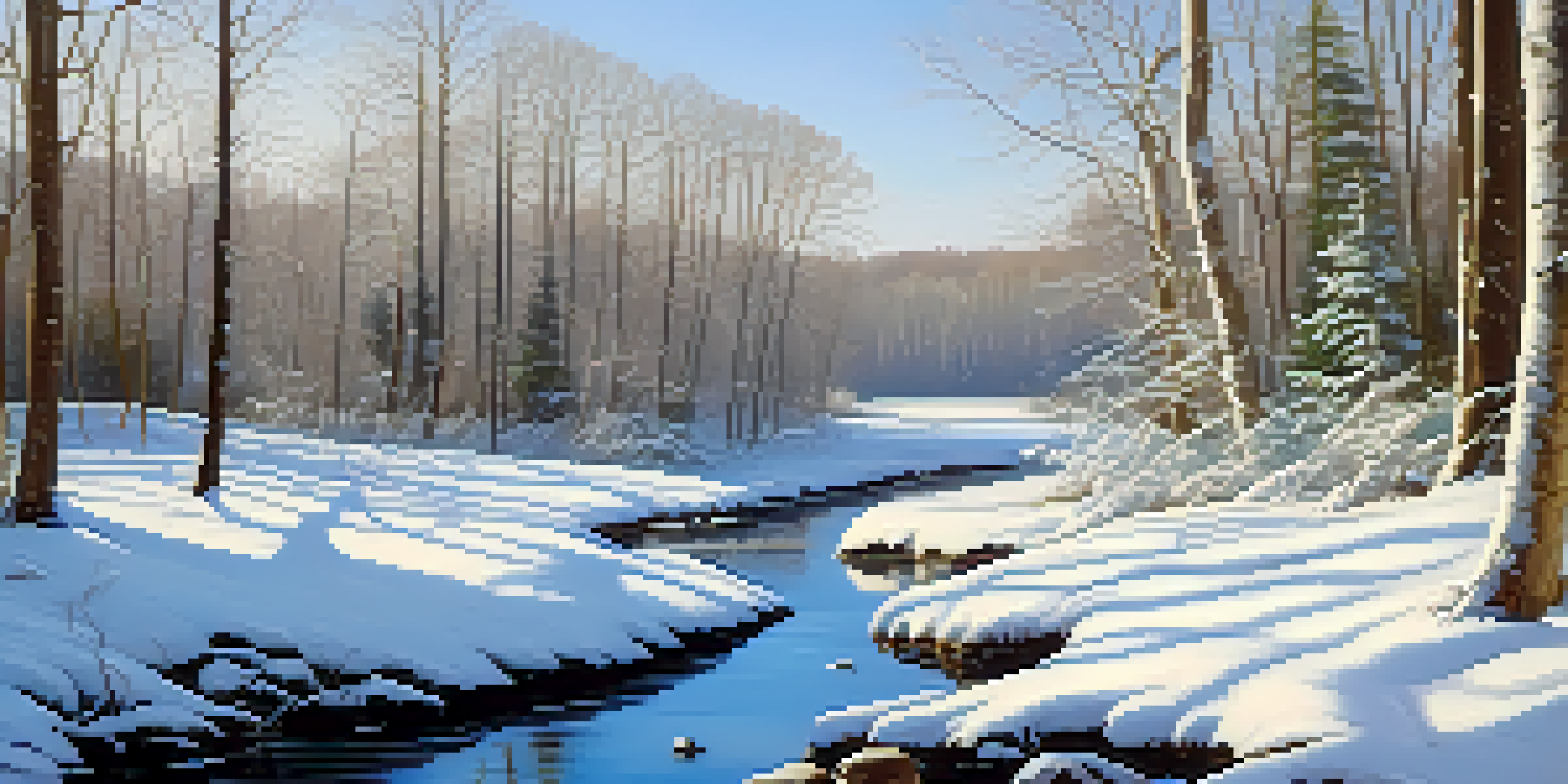 A peaceful winter forest with snow-covered trees and a gently flowing stream.