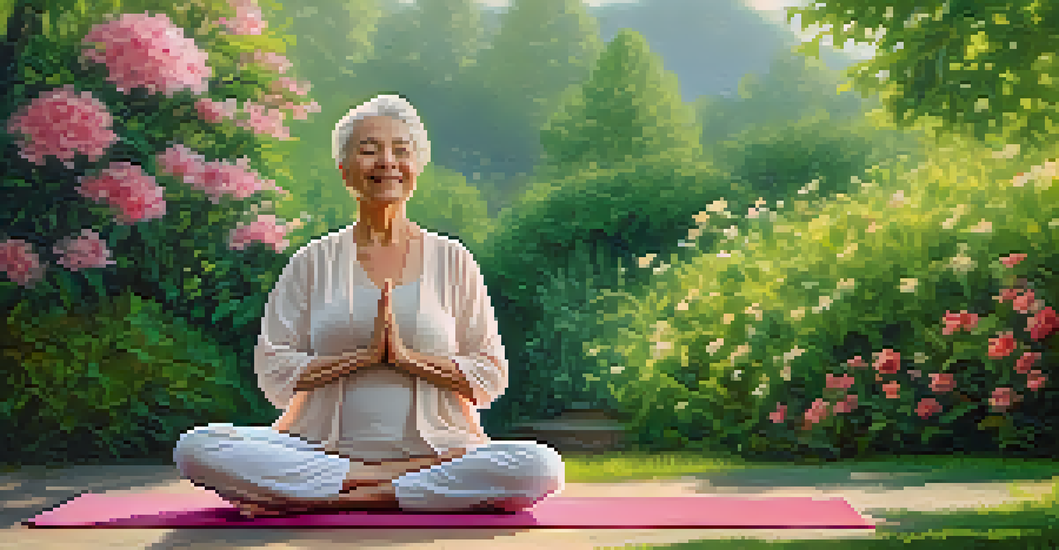 An elderly woman practicing yoga outdoors, demonstrating a focus on balance and flexibility in a peaceful garden setting.