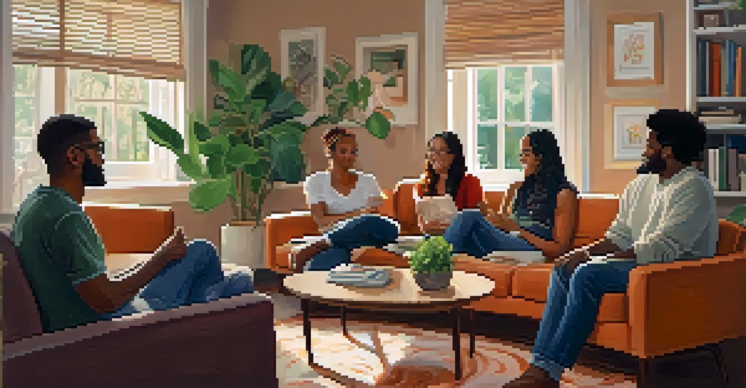 A group of friends having a supportive conversation in a cozy living room.