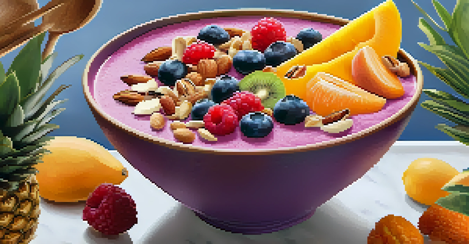 A close-up of a smoothie bowl filled with fruits, seeds, and nuts, displayed in a ceramic bowl with a wooden spoon beside it.