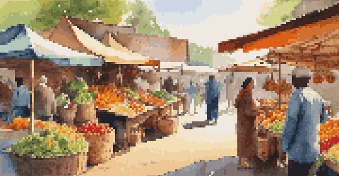 A traveler at a colorful outdoor market filled with fresh fruits and vegetables, with locals chatting and sunlight illuminating the scene.