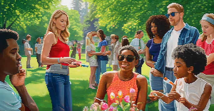 A diverse group of people in a park discussing food allergies, holding an epinephrine auto-injector with green trees and flowers in the background.