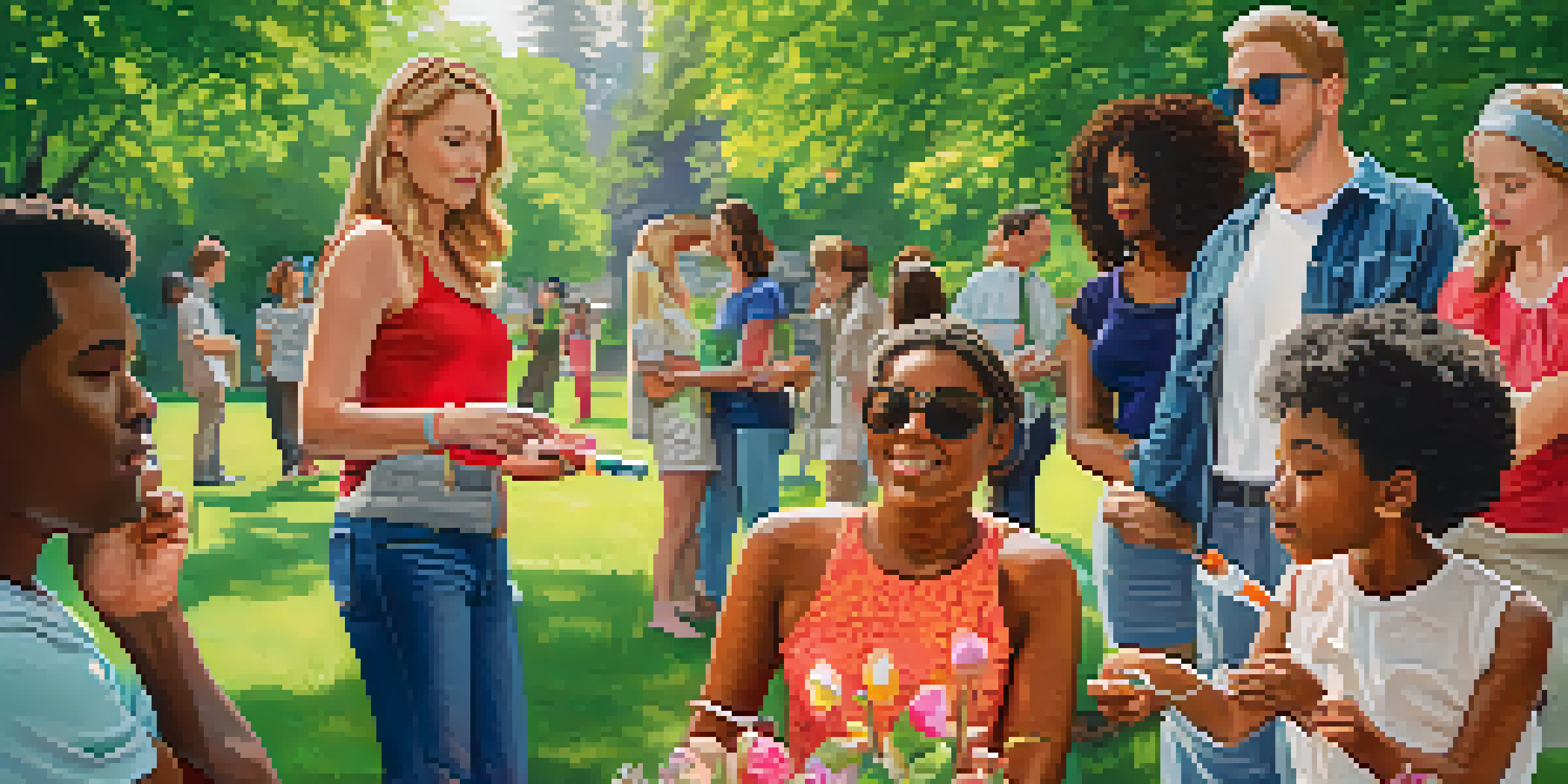A diverse group of people in a park discussing food allergies, holding an epinephrine auto-injector with green trees and flowers in the background.