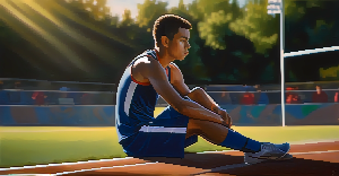 An athlete sitting on the sidelines, looking contemplative against a blurred sports field backdrop, illuminated by warm sunlight.