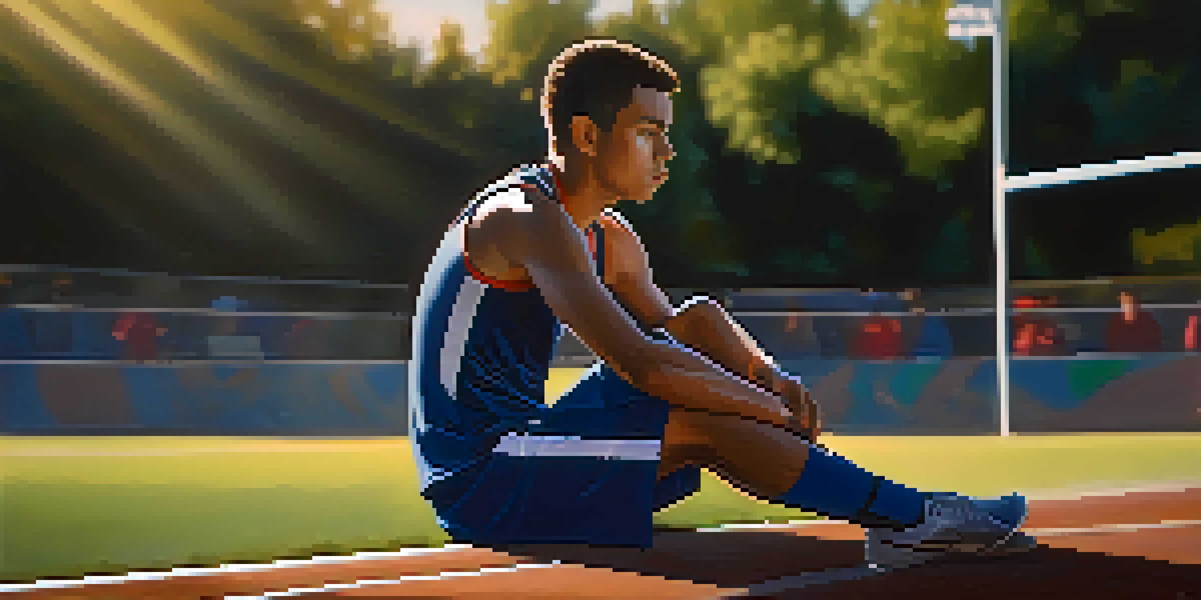An athlete sitting on the sidelines, looking contemplative against a blurred sports field backdrop, illuminated by warm sunlight.