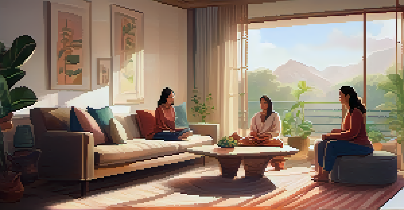 A family practicing mindfulness meditation together in a cozy living room, promoting peace and connection.