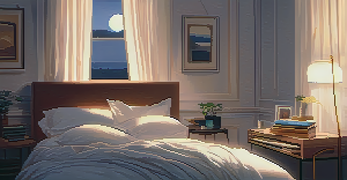 A cozy bedroom with soft lighting, a record player, and a bed with light-colored linens, creating a serene atmosphere.