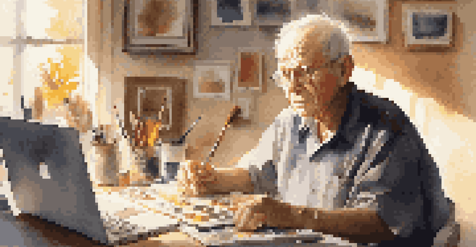 An elderly man watching an online painting tutorial on his laptop at a desk filled with art supplies and a canvas, immersed in learning with warm lighting.