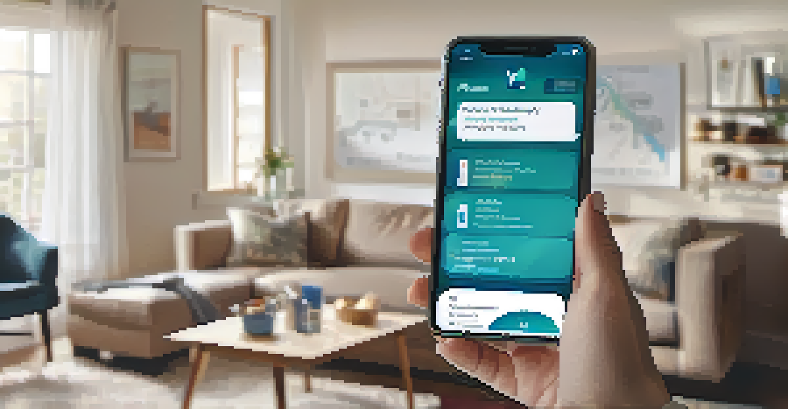 A close-up of a smartphone showing a community health app interface for medication reminders, with a cozy living room in the background.