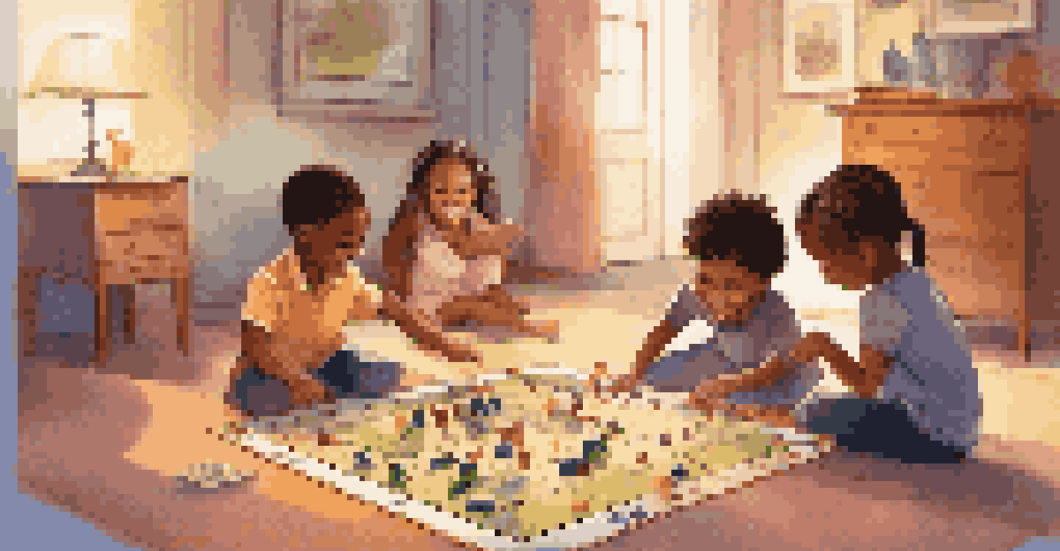 Children playing a board game indoors on a soft rug, smiling and focused on their game under warm lighting.