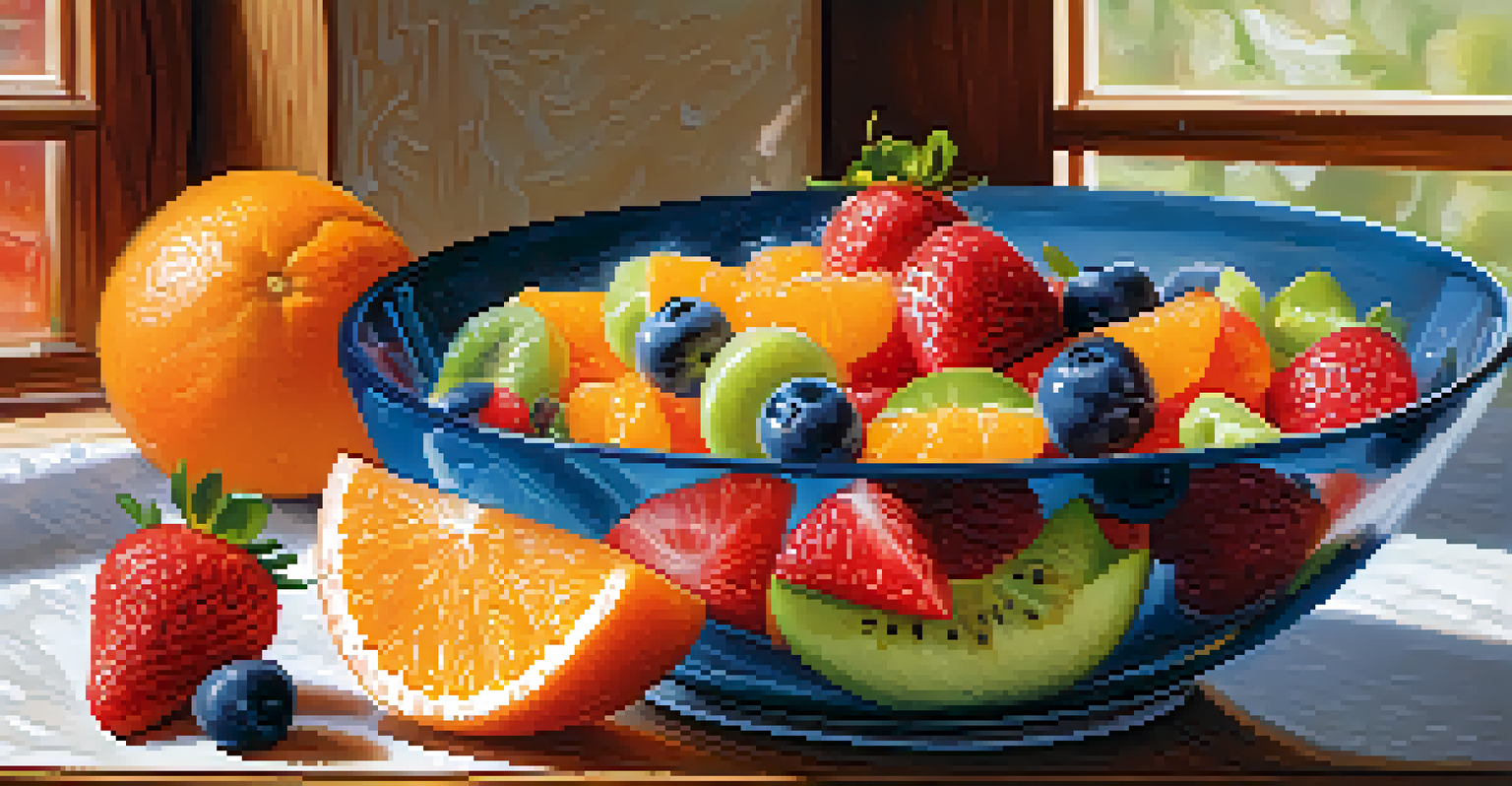 A close-up of a colorful bowl of fruit salad with watermelon, strawberries, and oranges, glistening in soft sunlight on a wooden table.