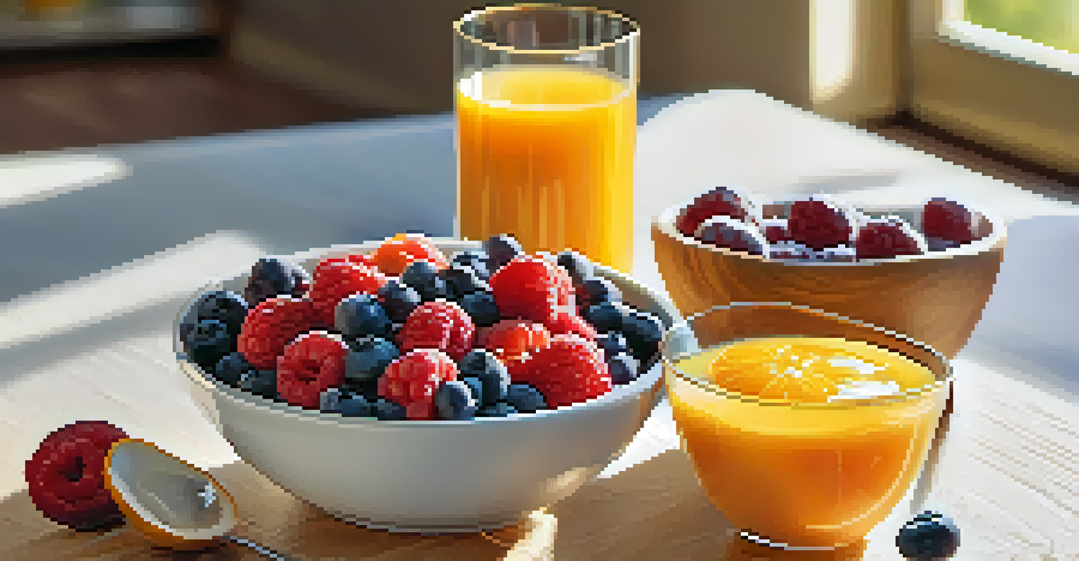 A healthy breakfast with oatmeal, fresh fruits, and a glass of orange juice in a sunlit kitchen.