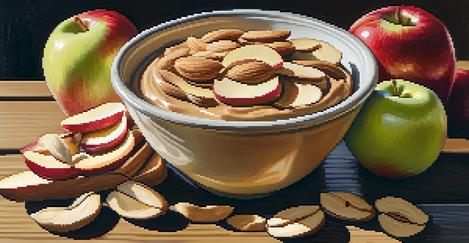 A close-up view of apple slices dipped in almond butter, set on a rustic wooden table with natural sunlight.
