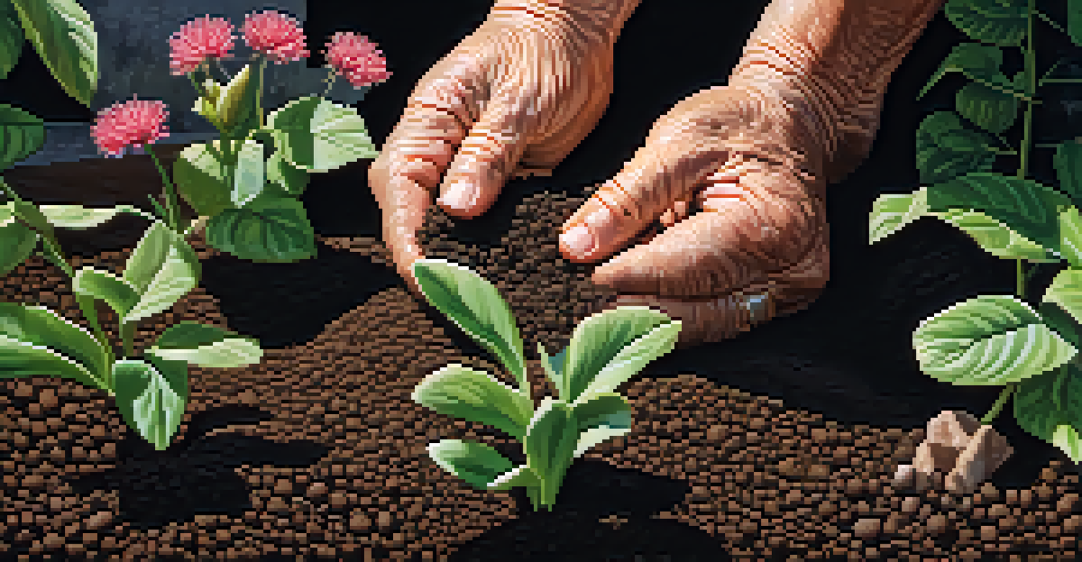 Close-up of a senior's hands planting seeds in dark soil, with green foliage and flowers in the background, showcasing a connection to nature.