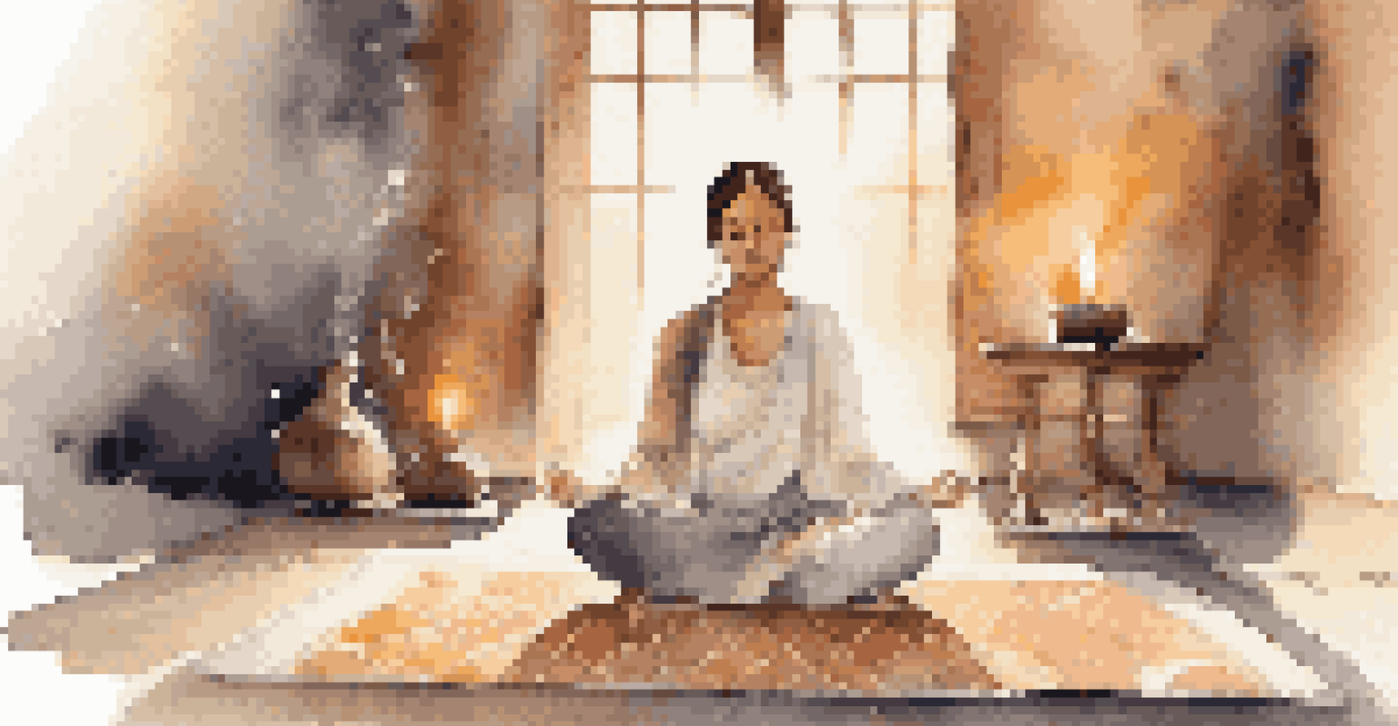 A person meditating with essential oils and candlelight, surrounded by gentle incense smoke, embodying peace and mindfulness.