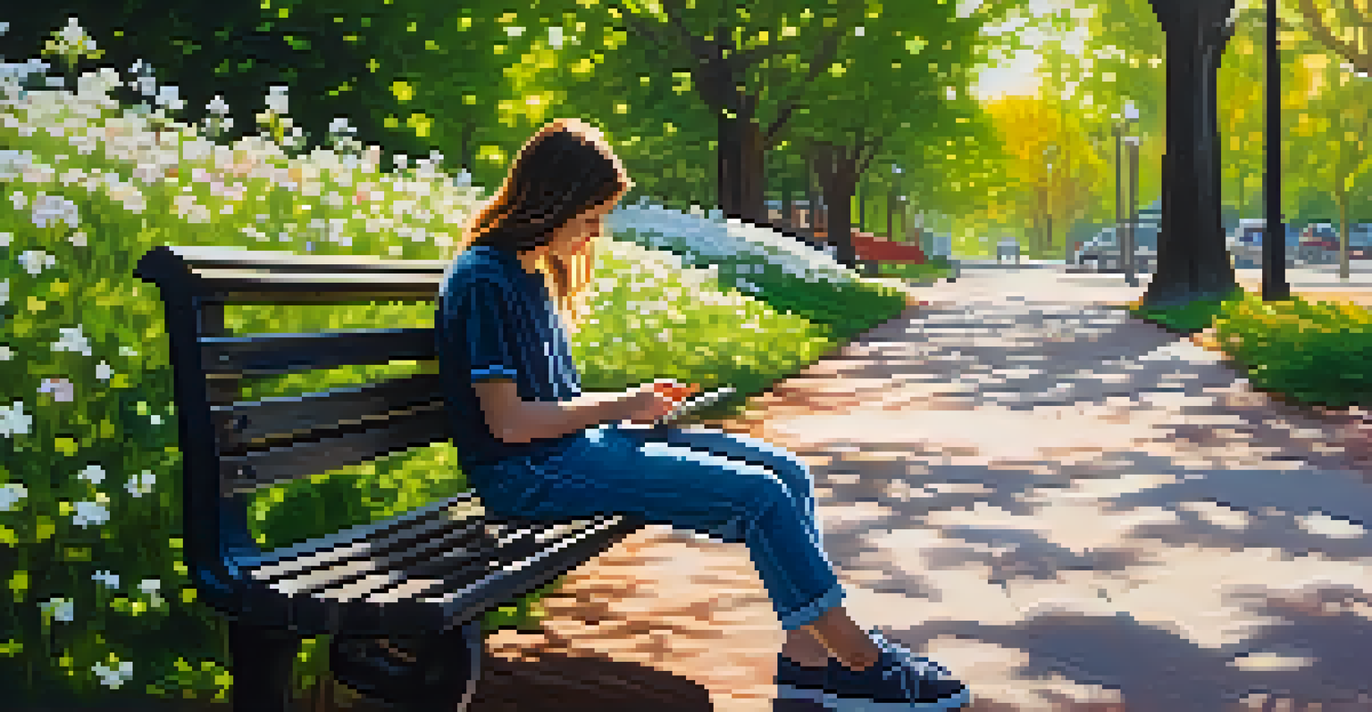 A young person sitting on a park bench, looking at their phone in a beautiful outdoor setting filled with flowers and sunlight.