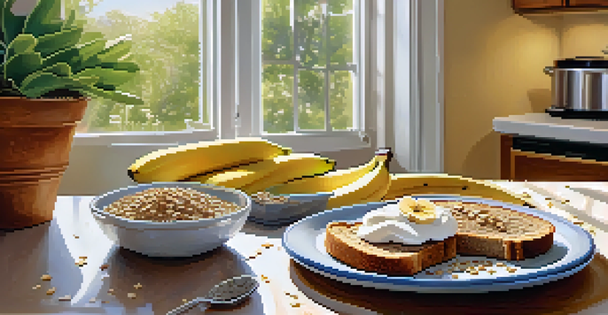 A breakfast spread with whole grain toast, almond butter, bananas, Greek yogurt, and chia seeds in a bright kitchen.