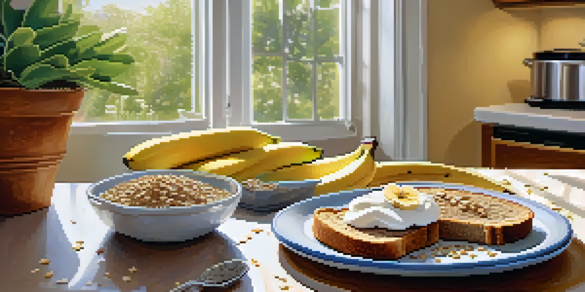 A breakfast spread with whole grain toast, almond butter, bananas, Greek yogurt, and chia seeds in a bright kitchen.