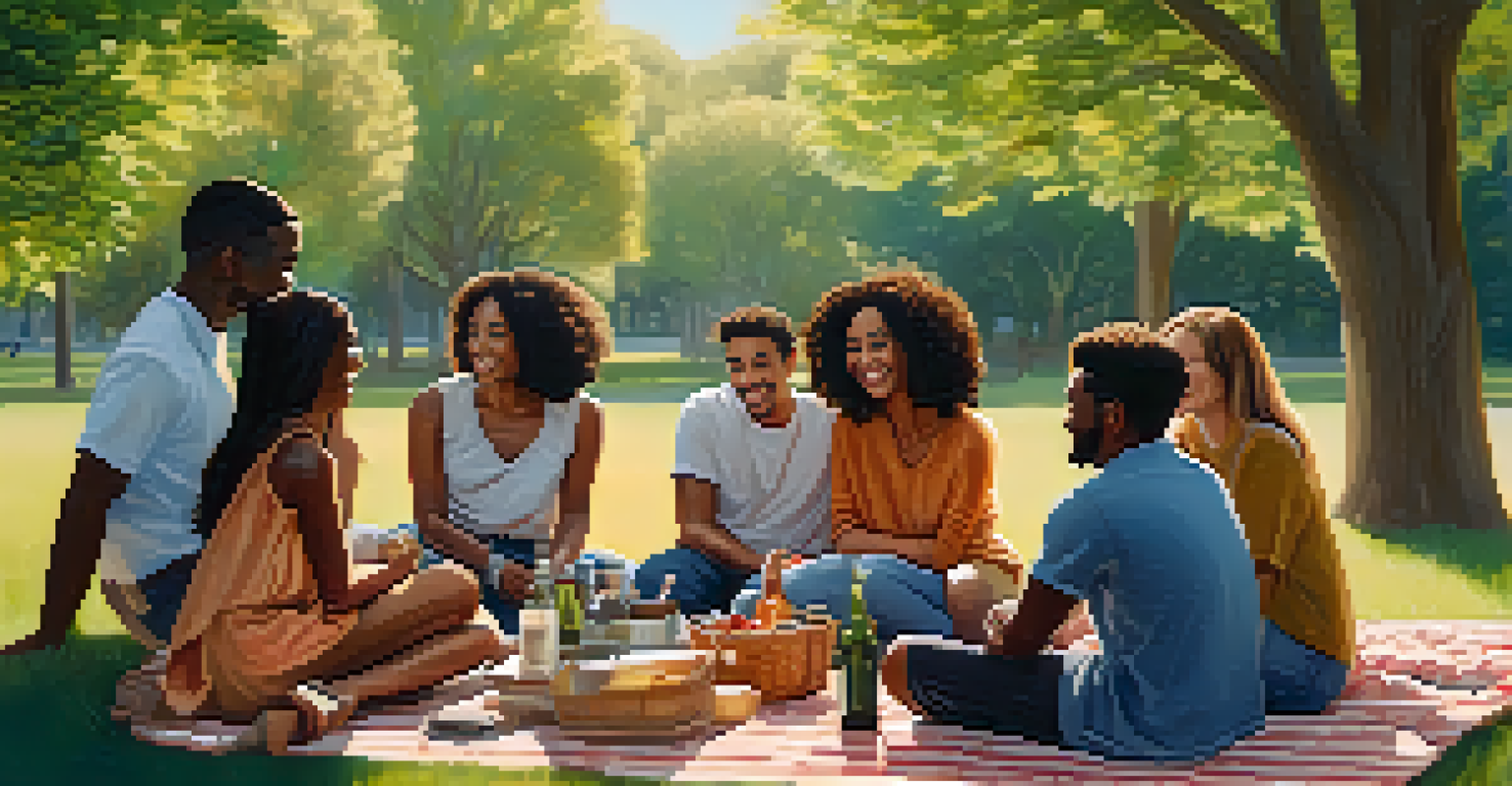 A diverse group of friends talking and supporting each other in a sunny park.