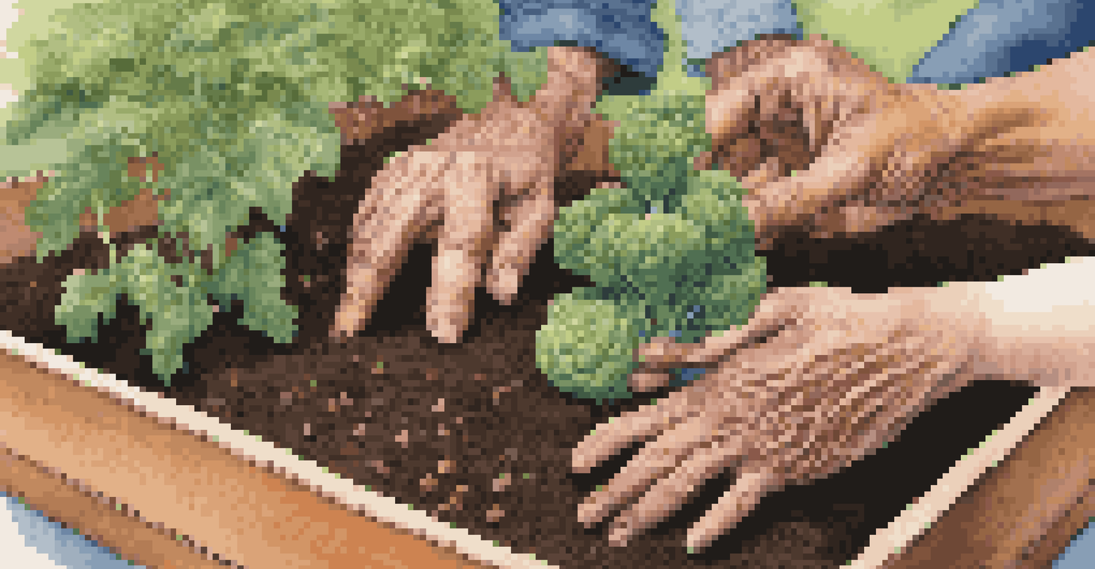 Close-up of diverse hands planting vegetables in a garden bed, surrounded by rich soil and seeds, against a blue sky.