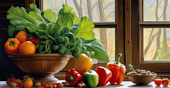A colorful arrangement of fresh fruits and vegetables on a wooden table, including oranges, red bell peppers, leafy greens, and nuts under soft natural light.