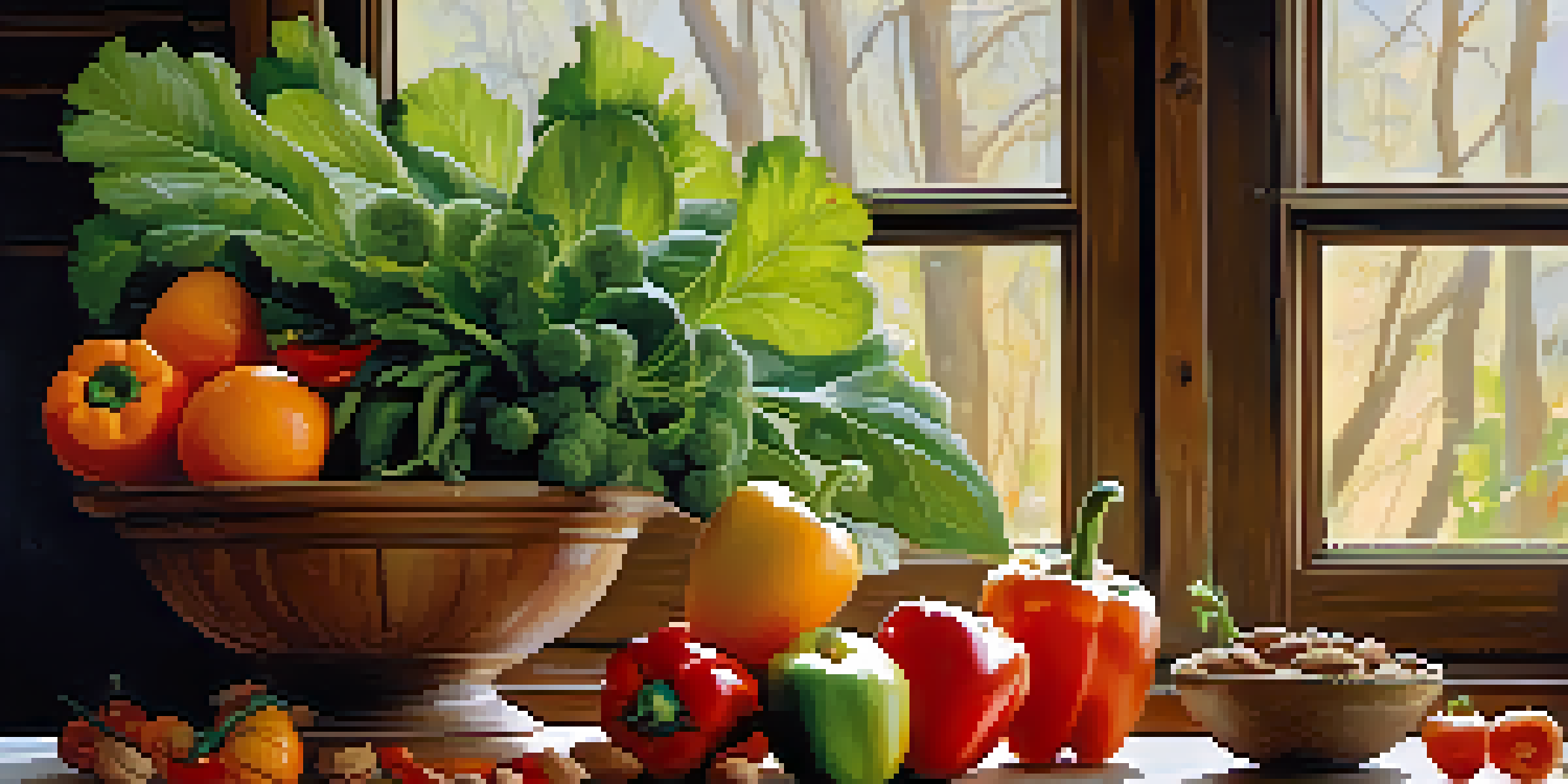 A colorful arrangement of fresh fruits and vegetables on a wooden table, including oranges, red bell peppers, leafy greens, and nuts under soft natural light.