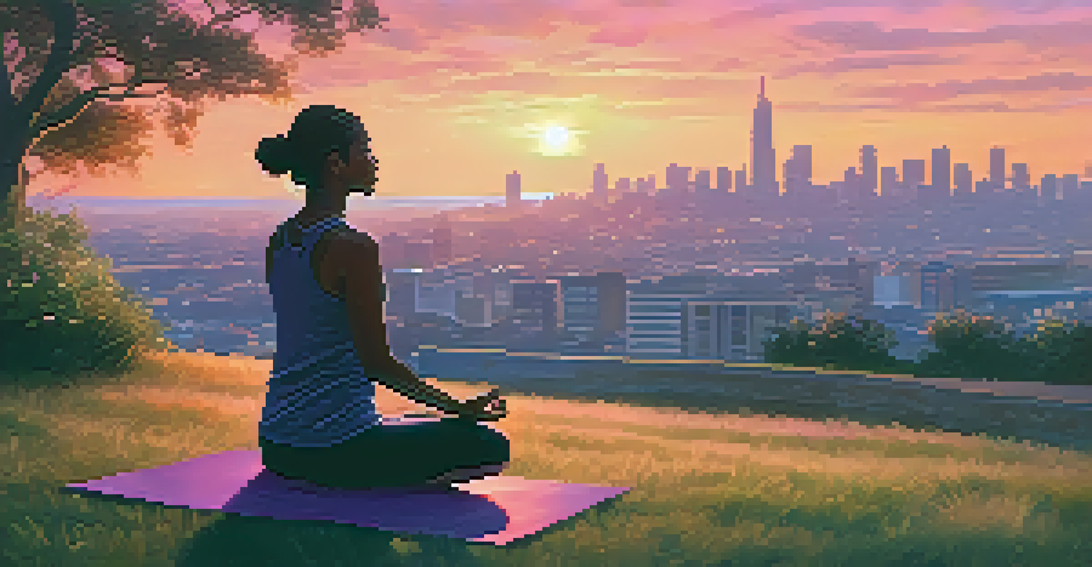 Person practicing yoga on a hill during sunset with a city skyline in the background.
