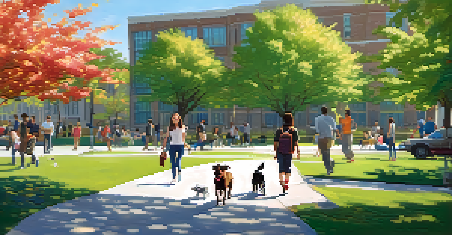 A college student walking a dog in a park, with other students and nature in the background, showcasing a sunny and lively atmosphere.
