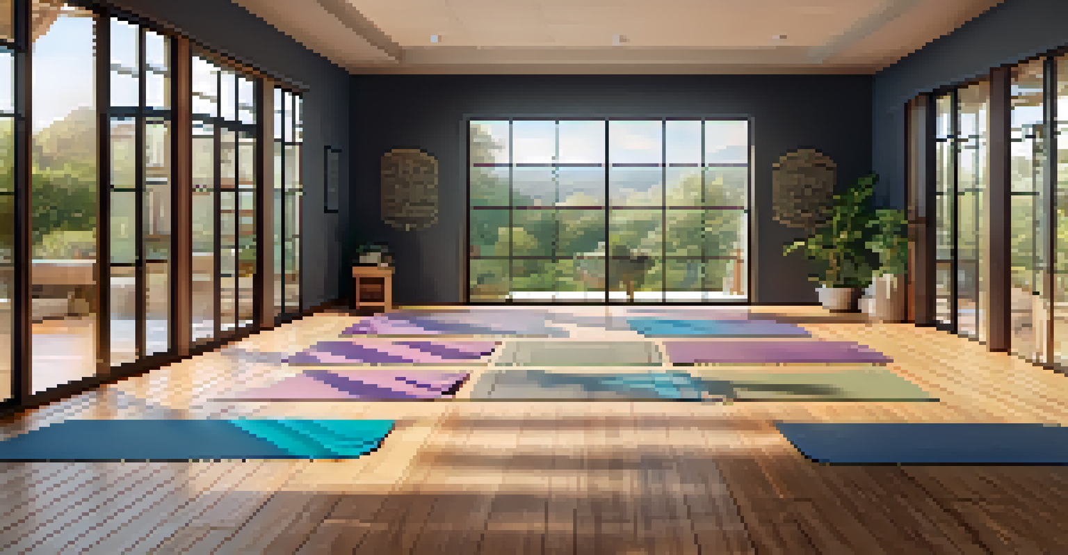 A yoga studio with mats arranged for a class, featuring warm lighting and inspiring decor.