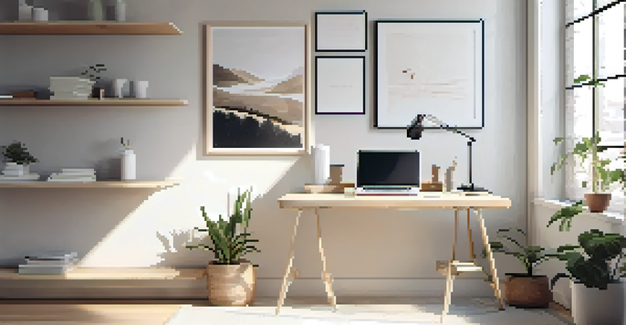 A clean and serene workspace with a plant, laptop, and journal, illuminated by natural light.