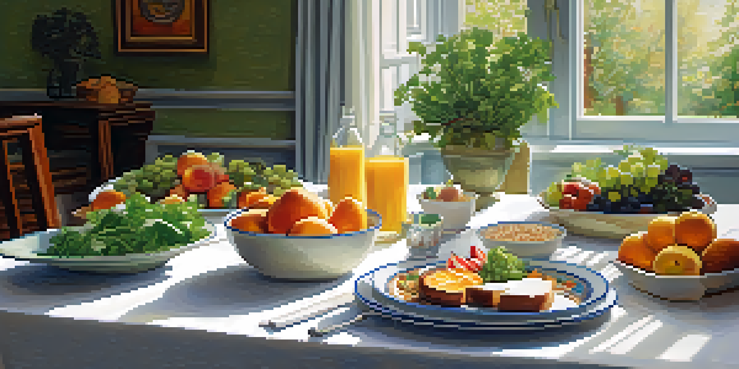 A beautifully arranged dining table with colorful fruits and vegetables under soft natural light, promoting a peaceful and mindful eating experience.