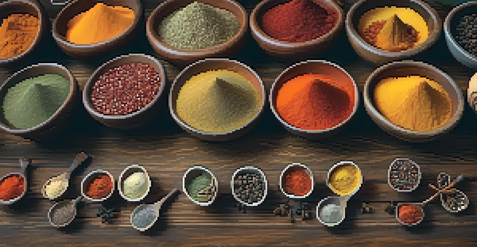 An array of colorful spices in bowls on a wooden table, showcasing different textures and colors.
