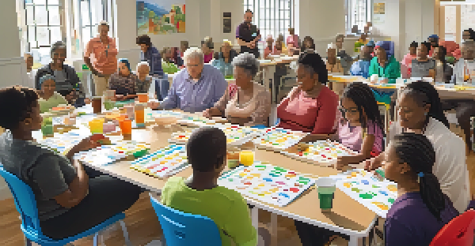 A community health workshop with diverse participants learning about nutrition in a bright room filled with charts and fruits.