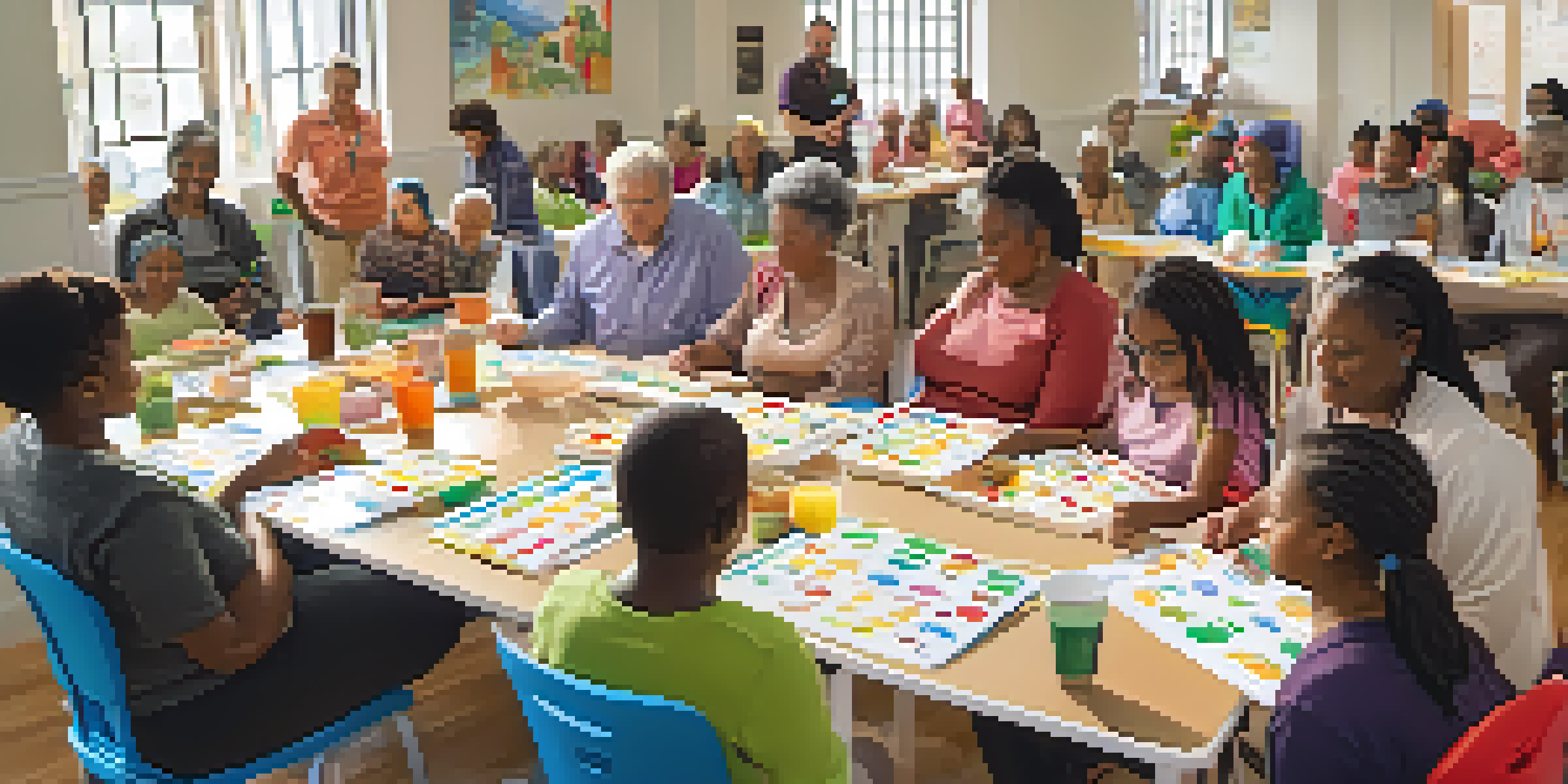 A community health workshop with diverse participants learning about nutrition in a bright room filled with charts and fruits.