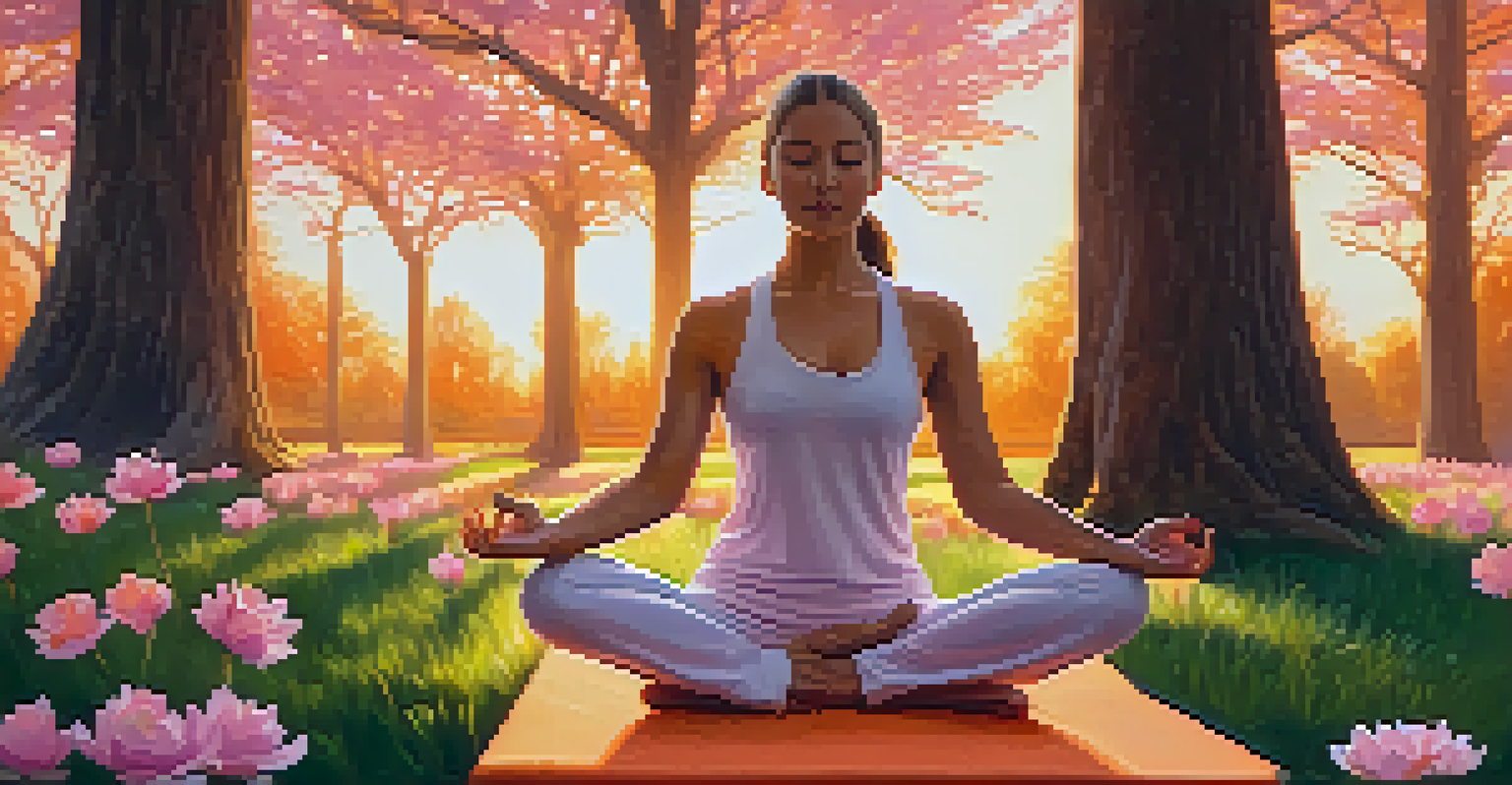 A person practicing yoga in a beautiful park at sunset, surrounded by nature and colorful flowers.