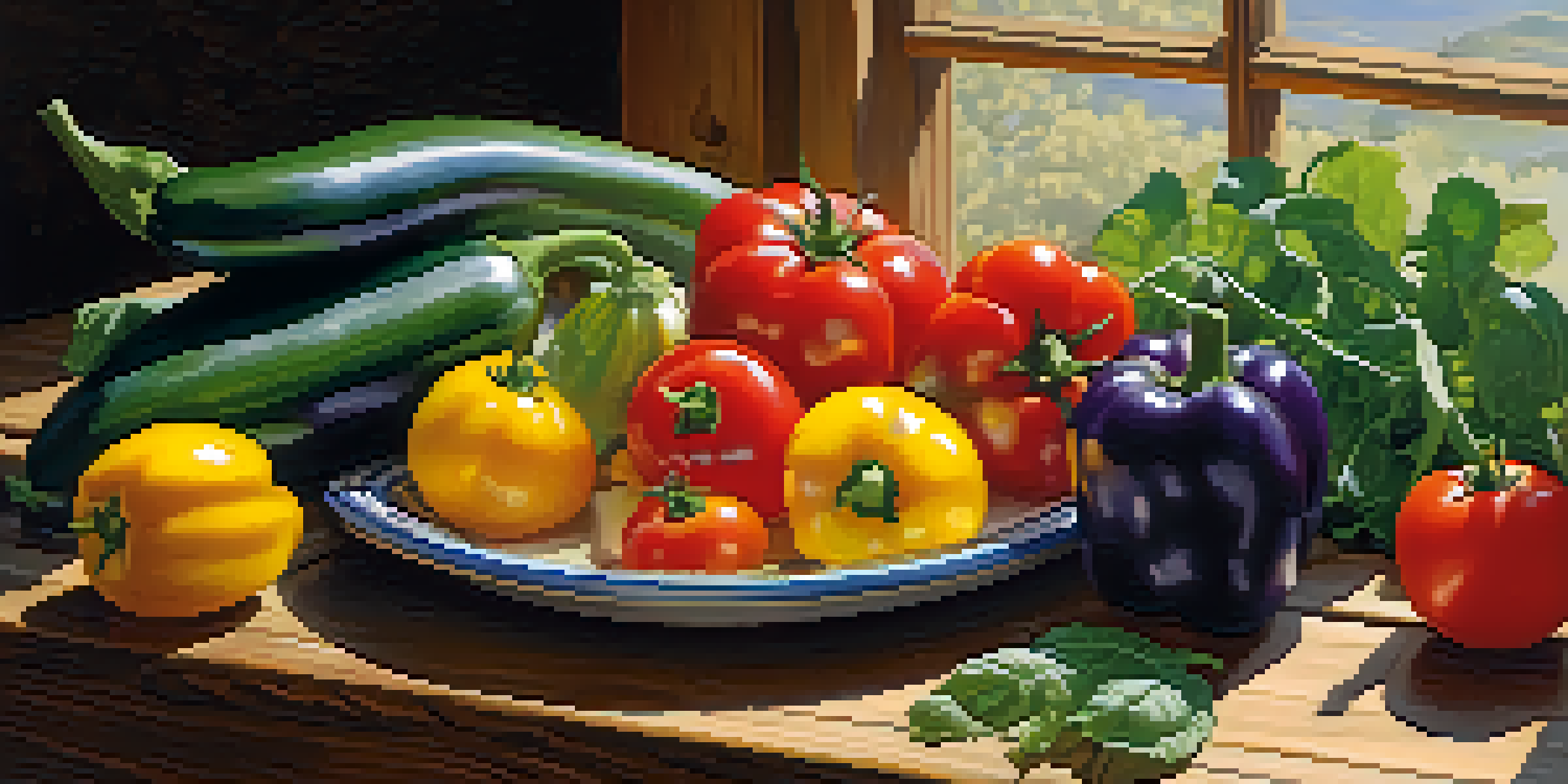 A colorful plate filled with various fruits and vegetables, arranged artfully on a wooden table with natural light highlighting their freshness.