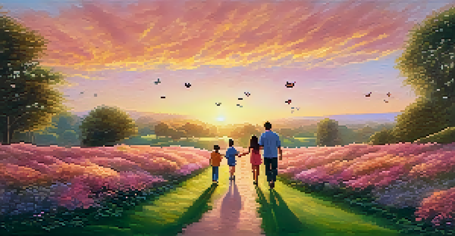 A family of three walking in a park during sunset, enjoying nature together.