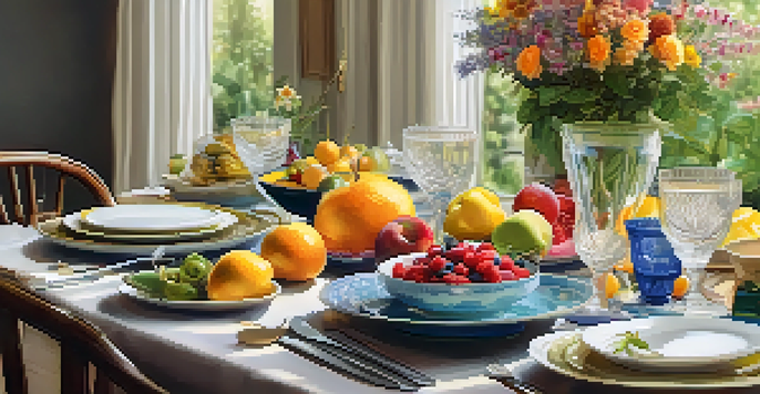 A dining table elegantly arranged with colorful dishes and fresh flowers, creating a serene atmosphere for mindful eating.