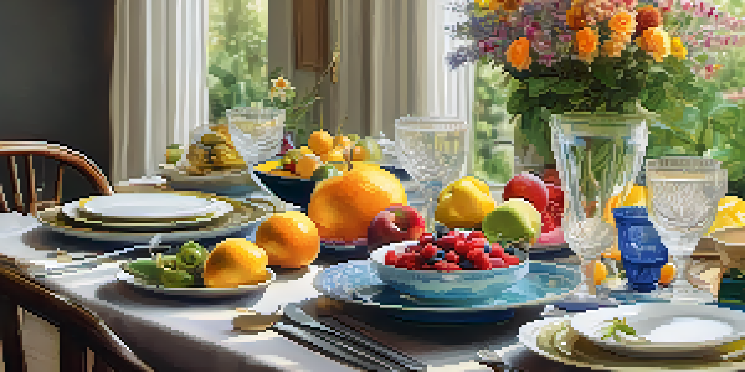 A dining table elegantly arranged with colorful dishes and fresh flowers, creating a serene atmosphere for mindful eating.