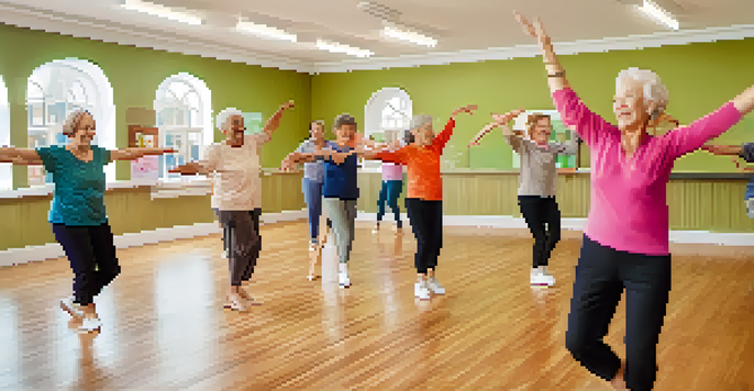 A bright dance studio filled with seniors joyfully participating in a dance class led by an instructor.
