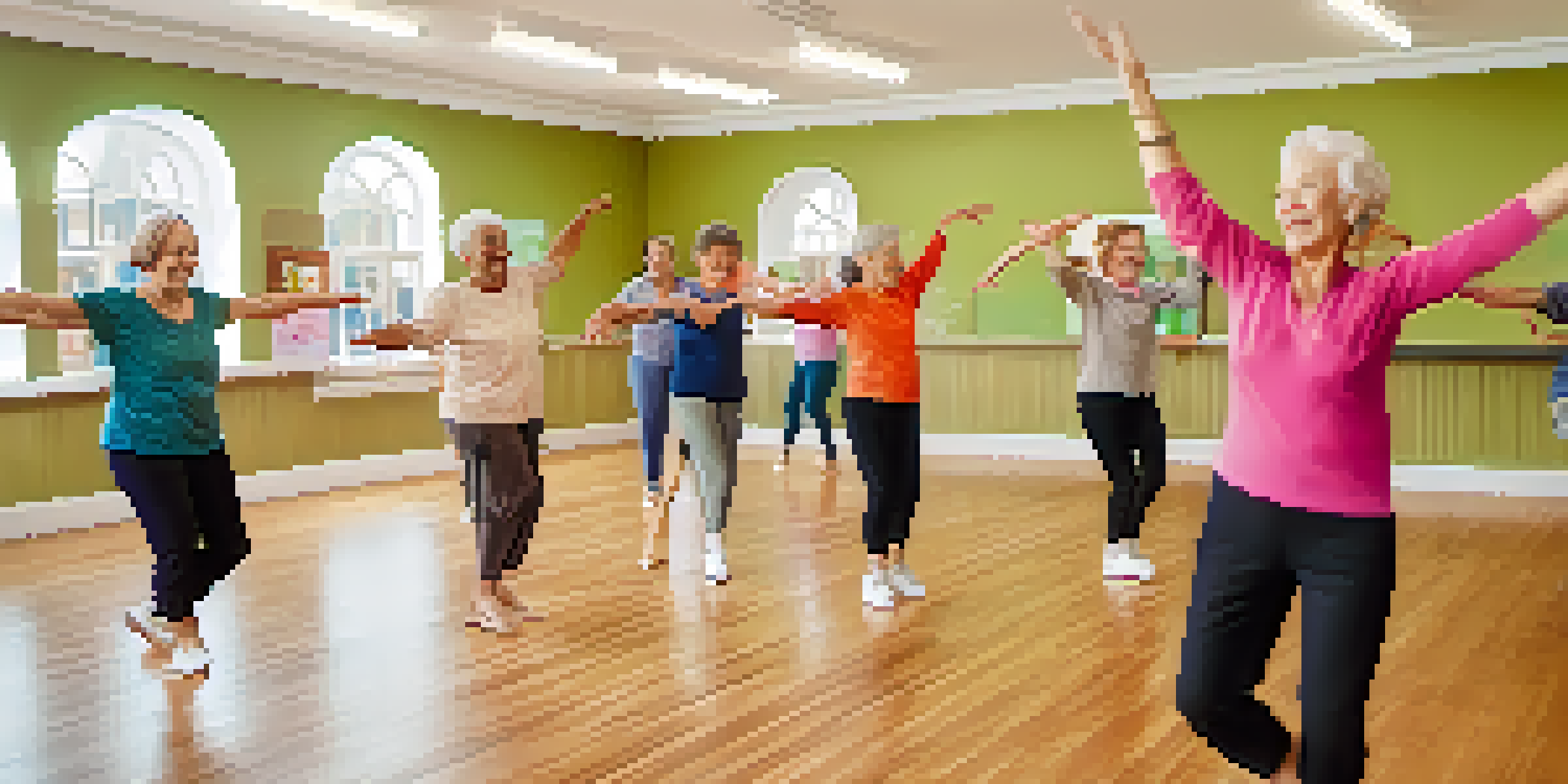 A bright dance studio filled with seniors joyfully participating in a dance class led by an instructor.