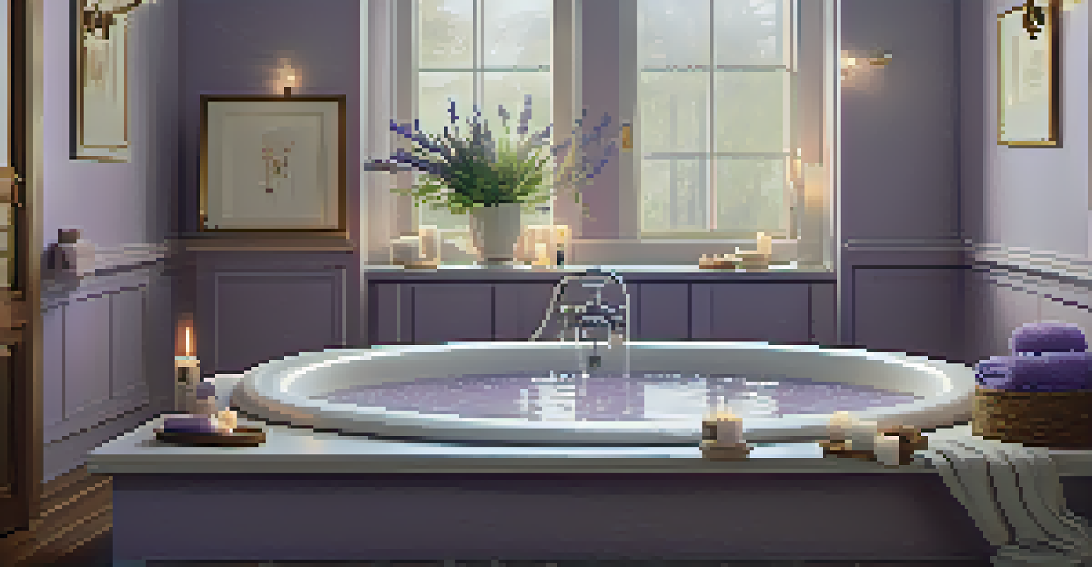 A calming bathroom with a warm bath, lavender oil, and candlelight creating a relaxing environment.