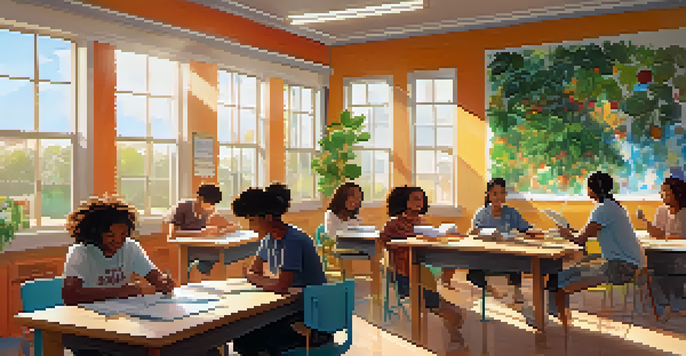 A bright classroom with students happily working together, surrounded by plants and colorful decorations.