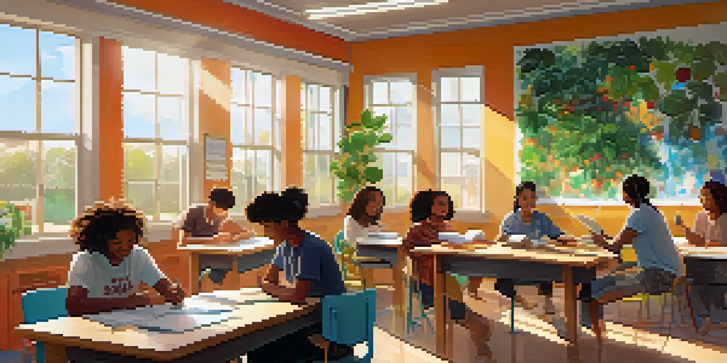 A bright classroom with students happily working together, surrounded by plants and colorful decorations.