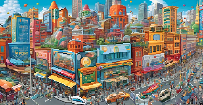 An illustration of a city where microorganisms represent unique businesses, showcasing the concept of gut health with bright colors and detailed buildings.