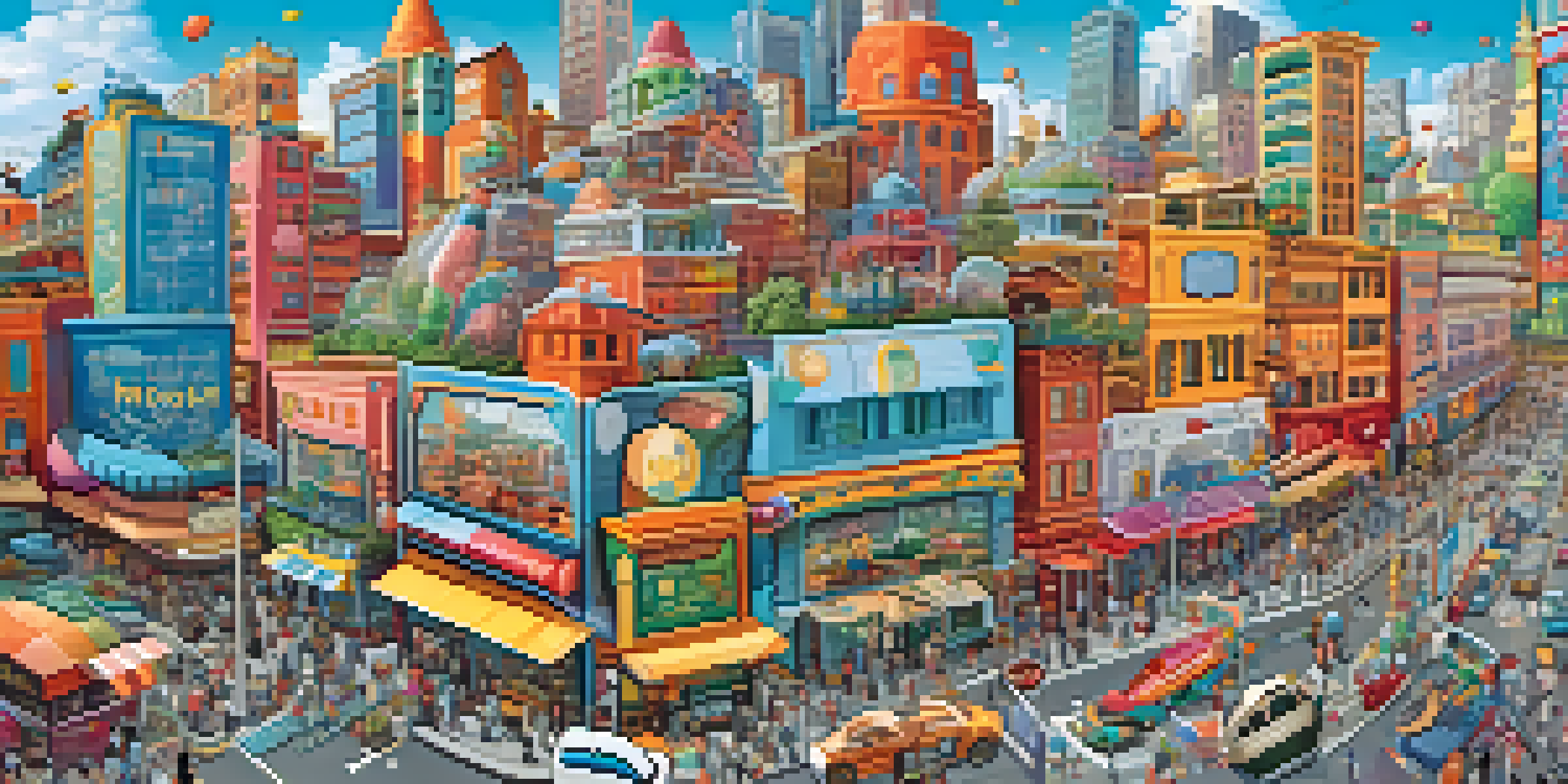 An illustration of a city where microorganisms represent unique businesses, showcasing the concept of gut health with bright colors and detailed buildings.