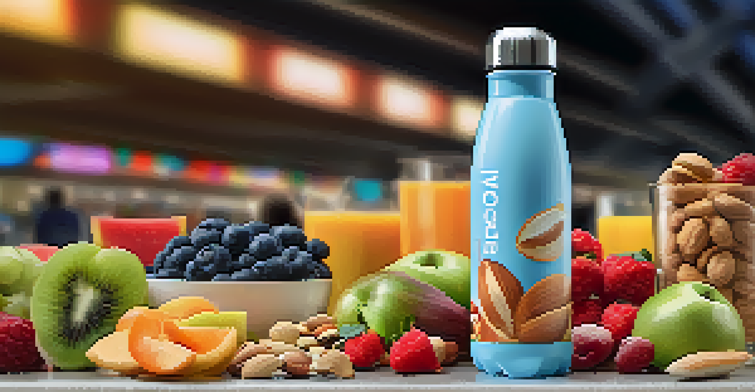 A reusable water bottle next to healthy snacks like nuts and fruits in an airport setting.